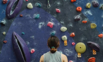 Person blickt eine Kletterwand hinauf