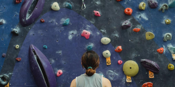 Person blickt eine Kletterwand hinauf